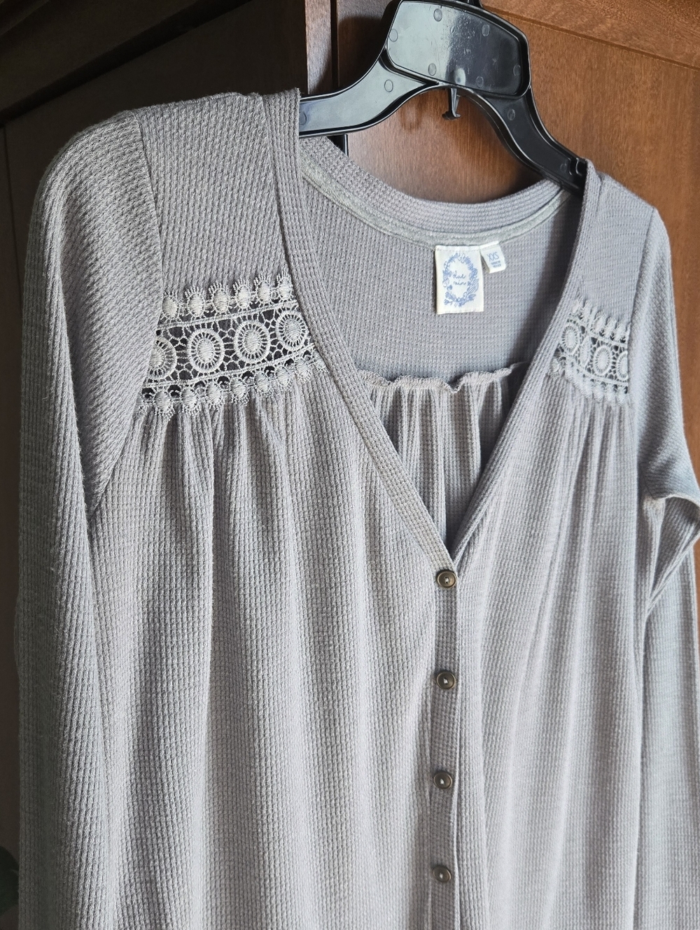 Blue Rain Gray Lace-Yoke Button Front Waffle Knit Top - Picture 2 of 7